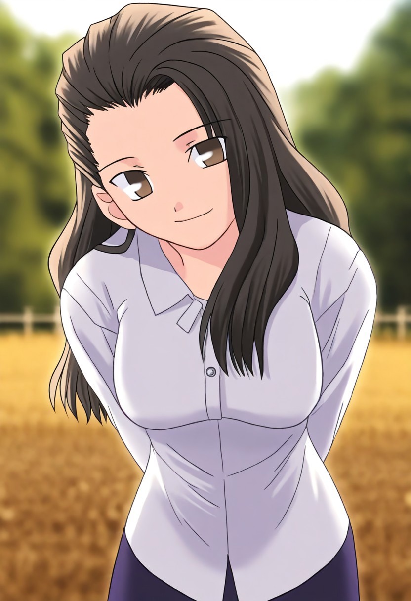 masterpiece, best quality, <lora:Tsukihime NXL:1>,solo,masterpiece, best quality, 
1girl, female focus, large breasts,  solo, brown eyes, thin brown highlights in hair, black hair, thin blonde highlights in hair, long hair,wavy hair, hair part, side part, hair slicked back, small mouth, short nose, small nose, cute face, soft hair,
outdoor, farm, sunny day, head tilt, hands behind back, leaning forward, quarter view,  innocent smile, cheerful feeling, feminine, girlish, cute