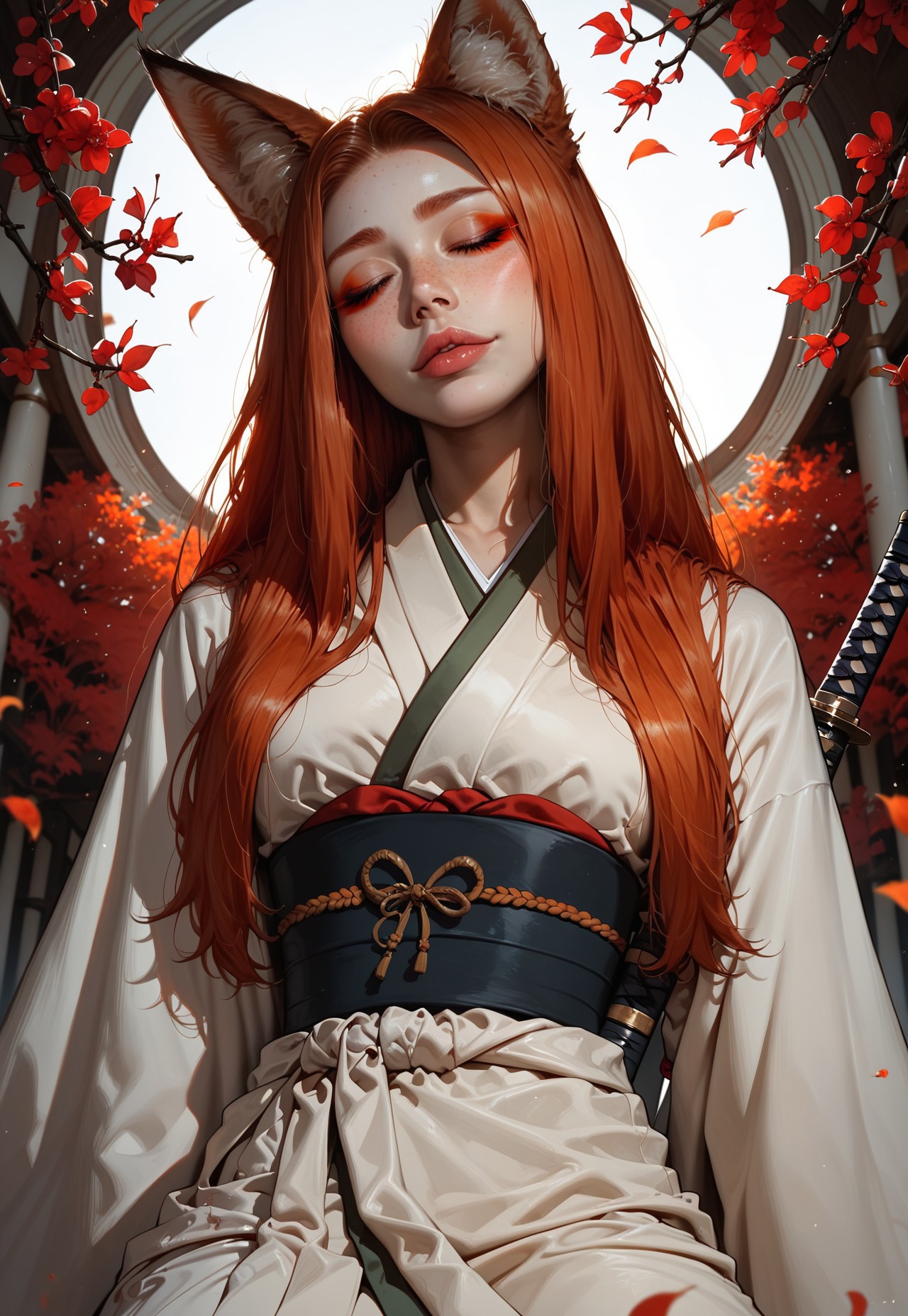 score_9_up, score_9, score_8_up, score_8, score_7_up, score_7, cinematic lighting, raw, high quality, 4k resolution, absurdres, masterpiece, dynamic lighting, high contrast, morimee_style, detailed face, 

1girl, solo, (kitsune), (fox ears), (mature), ((((pale skin)))), (closed eyes), ((red makeup)), ((redhead hair)), freckles on face, freckles on shoulders, ((long hairs)), [[average breasts]], (white japanese kimono), kneeling, (long nails), ((katana, katana on waist)), head tilt down,

(close view), below view, (Sakura, garden, night)