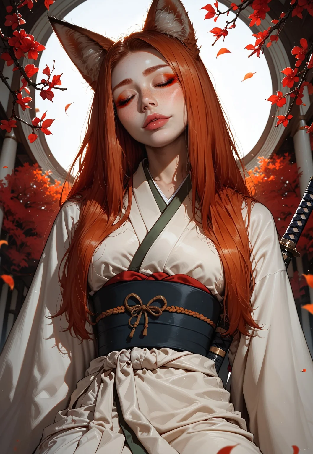 score_9_up, score_9, score_8_up, score_8, score_7_up, score_7, cinematic lighting, raw, high quality, 4k resolution, absurdres, masterpiece, dynamic lighting, high contrast, morimee_style, detailed face, 

1girl, solo, (kitsune), (fox ears), (mature), ((((pale skin)))), (closed eyes), ((red makeup)), ((redhead hair)), freckles on face, freckles on shoulders, ((long hairs)), [[average breasts]], (white japanese kimono), kneeling, (long nails), ((katana, katana on waist)), head tilt down,

(close view), below view, (Sakura, garden, night)