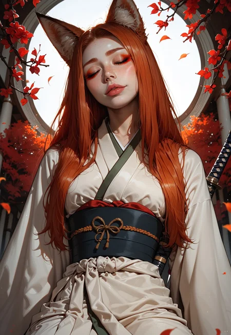 score_9_up, score_9, score_8_up, score_8, score_7_up, score_7, cinematic lighting, raw, high quality, 4k resolution, absurdres, masterpiece, dynamic lighting, high contrast, morimee_style, detailed face, 

1girl, solo, (kitsune), (fox ears), (mature), ((((pale skin)))), (closed eyes), ((red makeup)), ((redhead hair)), freckles on face, freckles on shoulders, ((long hairs)), [[average breasts]], (white japanese kimono), kneeling, (long nails), ((katana, katana on waist)), head tilt down,

(close view), below view, (Sakura, garden, night)