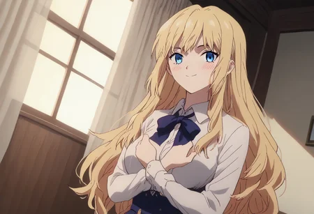 score_9, score_8_up, score_7_up, source_anime, <lora:SlimesRuri:1> limes_ruri, woman, solo, long hair, blonde hair, straight hair, smile, large breasts, indoors, bed, bed room, on side, blush, looking at viewer, dutch angle, cowboy shot, collared shirt,white shirt, open shirt, anime screencap