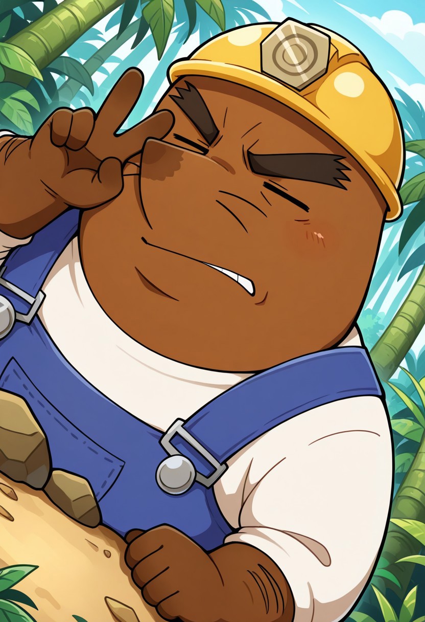 solo, detail background, anthro male, brown body/fur, thick black eyebrows, overweight, fat, chubby, whiskers, no ears, pointed nose, brown nose, brown hands, yellow miner's helmet, eyes closed, blue overalls, white long-sleeve shirt, black shoes, BREAK jungle, plants, outside, annoying, (face close-up), (face focus), upper body, perfect angle, perfect view, pose, looking at viewer, angry, peace sign, hand gesture