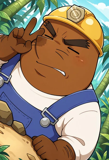 solo, detail background, anthro male, brown body/fur, thick black eyebrows, overweight, fat, chubby, whiskers, no ears, pointed nose, brown nose, brown hands, yellow miner's helmet, eyes closed, blue overalls, white long-sleeve shirt, black shoes, BREAK jungle, plants, outside, annoying, (face close-up), (face focus), upper body, perfect angle, perfect view, pose, looking at viewer, angry, peace sign, hand gesture