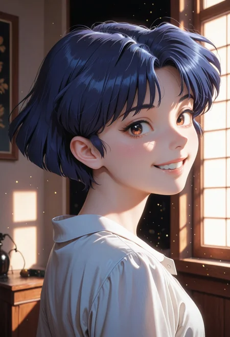 , 8K, high contrast, masterpiece, best quality, amazing quality, very aesthetic, high resolution, ultra-detailed, absurdres, newest, scenery, chiaroscuro, 1girl, solo,akane_tendou, short_hair, blue_hair, brown_eyes, cute smile, teeth, cute eyes, , dim lighting ,looking back at viewer, dark room, face focus, head shot BREAK, beautiful detailed eyes, detailed skin, detailed hair, volumetric lighting, dappled light, light particles, dramatic shadows, cinematic lighting, photo background, <lora:ponyxl\cfg_scale_boost:0.7> h4v_h0l0,