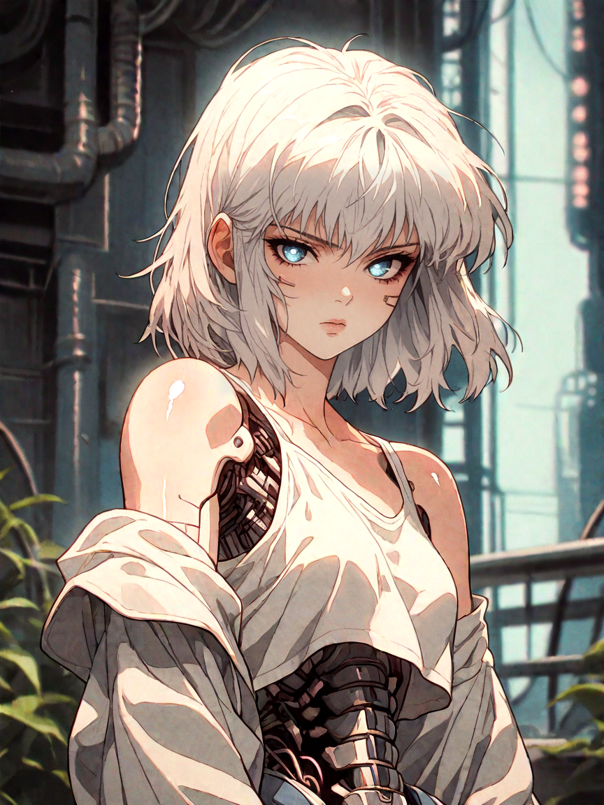 score_9, score_8_up, score_7_up, score_6_up, score_5_up, score_4_up,
BREAK
vintage, 1990s \(style\),
a gorgeous girl over a future cityscape, white hair, medium hair, depth of field, oversized shirt, off one shoulder, (shiny skin:1.4), cold lighting, detailed face, clear eyes, depth of field, messy hair, (intricate), shy, sky blue eyes, detailed eyes, detailed background, neon trim, neon lights,
<lora:OldAnimeStyle_XL_v3:0.5>
score_9, film grain, female focus, source_anime, solo, science fiction, mechanical parts, mechanical body, mechanical arms, cyborg, cyberpunk, looking at viewer, upper body, glowing <lora:RetroAnimeRedux_epoch_10:.9>