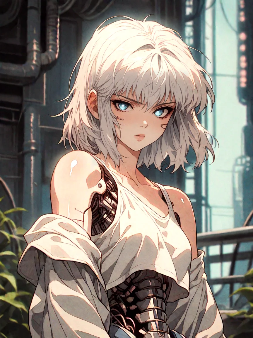 score_9, score_8_up, score_7_up, score_6_up, score_5_up, score_4_up,
BREAK
vintage, 1990s \(style\),
a gorgeous girl over a future cityscape, white hair, medium hair, depth of field, oversized shirt, off one shoulder, (shiny skin:1.4), cold lighting, detailed face, clear eyes, depth of field, messy hair, (intricate), shy, sky blue eyes, detailed eyes, detailed background, neon trim, neon lights,
<lora:OldAnimeStyle_XL_v3:0.5>
score_9, film grain, female focus, source_anime, solo, science fiction, mechanical parts, mechanical body, mechanical arms, cyborg, cyberpunk, looking at viewer, upper body, glowing <lora:RetroAnimeRedux_epoch_10:.9>