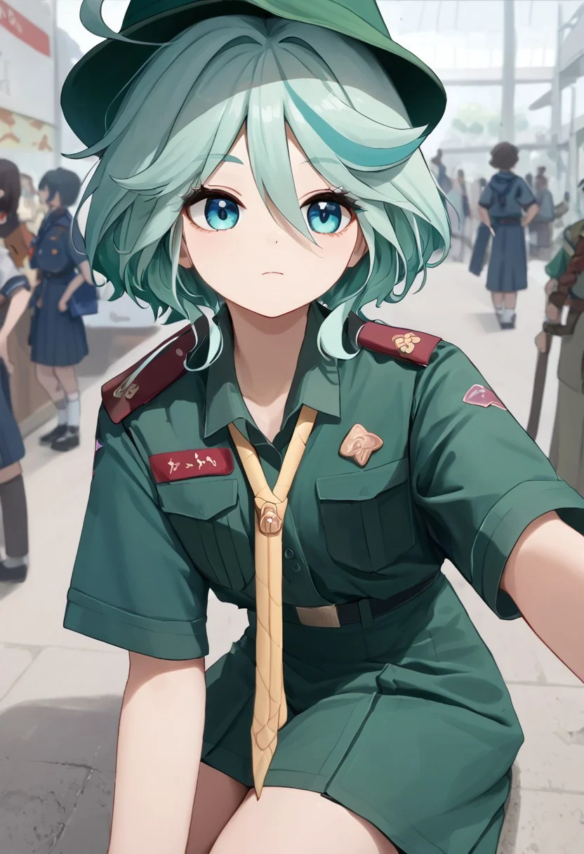 score_9, score_8_up, score_7_up, furinarnd, ahoge,thai_girlscout_uniform, green girl scout hat, necktie