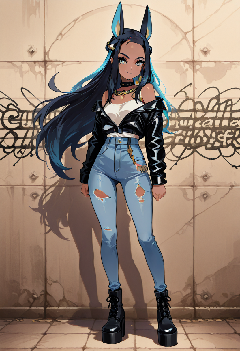 masterpiece, best quality, 1girl, solo, eyelashes, (beautiful eyes), narrow waist, smile,   aaAnuNessaCitron, blue eyes, eyeshadow, animal ears, black hair, blue hair, hair bun, long hair, multicolored hair, two-tone hair, dark skin, forehead, sidelocks, C0utur3Cr4z3, 1girl, solo, oversized leather jacket, ripped jeans, chunky platform boots, studded choker, graffiti background, dark makeup â aaAnuNessaCitron strides confidently down an alleyway filled with vibrant graffiti. Her black and blue two-tone hair falls loosely around her shoulders, held partially in a bun. She wears an oversized leather jacket with metallic studs, paired with ripped jeans that add to her rebellious vibe. Chunky platform boots add height and edge, while a studded choker and dark makeup complete her urban punk look. The gritty urban setting contrasts with her serene blue eyes, creating an interesting tension between toughness and elegance.  , <lora:AnubisNessaCitronOC_NAI:1.0>,   <lora:CoutureCraze_IXL:0.7>,