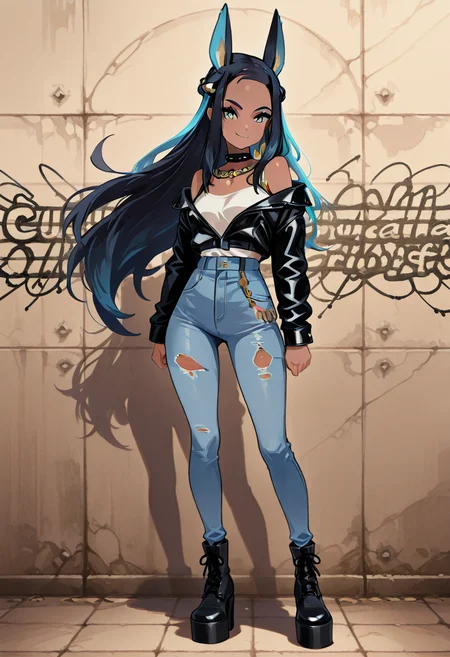 masterpiece, best quality, 1girl, solo, eyelashes, (beautiful eyes), narrow waist, smile, aaAnuNessaCitron, blue eyes, eyeshadow, animal ears, black hair, blue hair, hair bun, long hair, multicolored hair, two-tone hair, dark skin, forehead, sidelocks, C0utur3Cr4z3, 1girl, solo, oversized leather jacket, ripped jeans, chunky platform boots, studded choker, graffiti background, dark makeup â aaAnuNessaCitron strides confidently down an alleyway filled with vibrant graffiti. Her black and blue two-tone hair falls loosely around her shoulders, held partially in a bun. She wears an oversized leather jacket with metallic studs, paired with ripped jeans that add to her rebellious vibe. Chunky platform boots add height and edge, while a studded choker and dark makeup complete her urban punk look. The gritty urban setting contrasts with her serene blue eyes, creating an interesting tension between toughness and elegance. , <lora:AnubisNessaCitronOC_NAI:1.0>, <lora:CoutureCraze_IXL:0.7>,