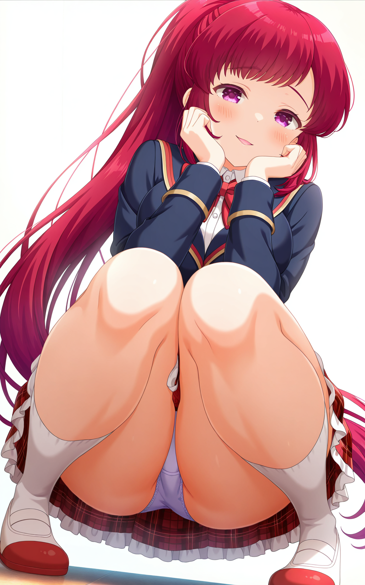 masterpiece, best quality, good quality, newest,4k, perfect lighting, cinematic, very aesthetic, official art, anime screencap, anime coloring,(((white background, simple background))), 
1girl,solo,asami kei,long hair,red hair,ponytail,purple eyes,large breasts,thighs,
seio school uniform,blue jacket,red bowtie,red skirt,plaid skirt,frilled skirt,miniskirt,panties,white socks,red uwabaki,
looking at viewer,seductive smile,parted lips,blush,squatting,head rest,hands on face,knees up,knees together feet apart,full body,facing viewer,from below,BREAK
 <lora:ILkei:1>