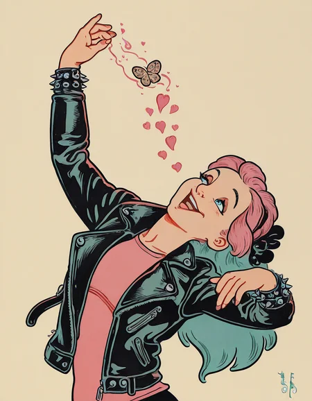by wwdenslow, masterpiece, best quality, absurdres, highres, new, amazing quality, 1girl, aged-up, punk, ballerina, dancing, magic, hearts, butterflies, happy, black-hair, aqua-hair, pink-hair, leather-jacket, spiked-bracelet, pink-theme, general