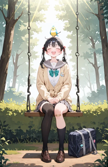 perfect quality,high quality,masterpiece,best quality,amazing quality,very aesthetic,Cinematic Lighting,newest,Tactical use of shadow,
<lora:Yamada Anna_Illustrious by Cyql:1>,yamadaanna cyql,1girl,blush,long hair,black hair,brown eyes,
swing,green bowtie,musical note,bandaid on knee,asymmetrical legwear,single thighhigh,bandaid on leg,sitting,uneven legwear,single sock,green bow,music,closed eyes,open mouth,ahoge,shoes,bowtie,single kneehigh,singing,outdoors,school uniform,socks,tree,on head,bow,thighhighs,skirt,holding,pleated skirt,smile,serafuku,bandaid,long sleeves,blush,black thighhighs,kneehighs,brown footwear,sailor collar,black socks,bag,bug,animal on head,loafers,grey skirt,yellow cardigan,nature,grey sailor collar,eighth note,butterfly,aqua bowtie,forest,bird,open clothes,cardigan,full body,bird on head,bush,day,twintails,:d,sunlight,u_u,grass,facing viewer,unworn bag,two side up,shirt,school bag,light red bow,red ribbon,miniskirt,mismatched legwear,animal,aqua bow,jacket,beamed eighth notes,ribbon,dappled sunlight,fishing rod,blue bow,blue bowtie,white shirt,sidelocks,light rays,button badge,scenery,open jacket,
<lora:spo_sdxl_10ep_4k-data_lora_webui:0.5>,<lora:EtherSDXL:0.6>,EtherStyle,<lora:illustrious_quality_modifiers_masterpieces_v1:0.7>,