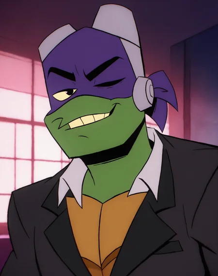 score_9, score_8_up, score_7_up, smooth lines, countershading, soft shading, 2d, extreme detail, 4K, high definition, high resolution, <lora:rottmnt8:0.8>, 1boy, solo, Donnie, green skin, turtle, mask, goggles, black suit, suggestive, confident, seductive, looking at viewer, upper body, wink, indoors,