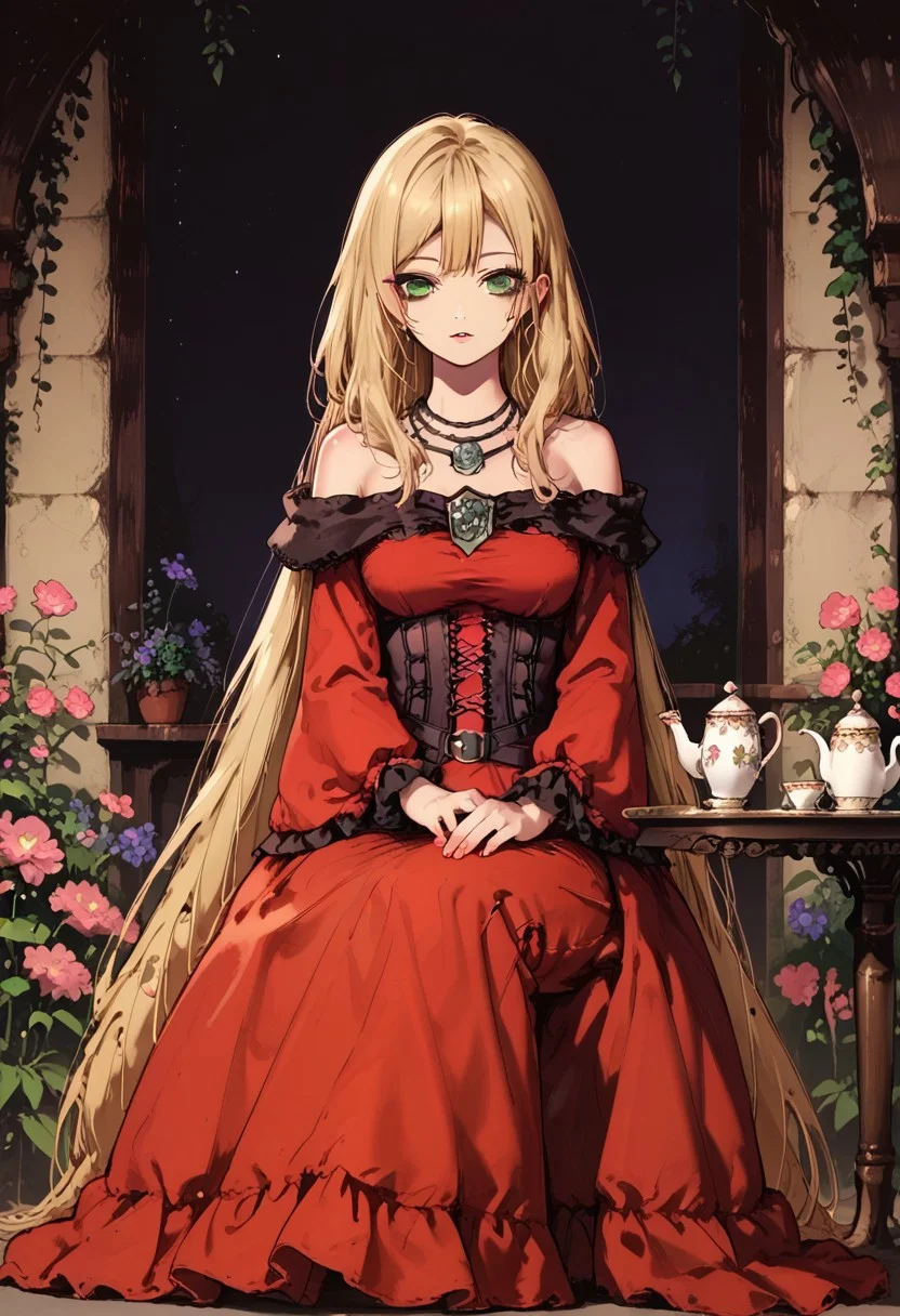 score_9, score_8_up, score_7_up, score_6_up, score_5_up, score_4_up, epic-Ultra-HD-details, epic-Ultra-HD-highlights, 2.5D-upscaled-resolution, source_anime, lyra, lithe and tall, very long blonde hair, hair on shoulder, green eyes, bare shoulders, jewelry, off shoulders, necklace, belt, dark red dress, victorian dress, black frills, corset, from below, sitting, holding tea cup, table, English garden, flower garden, crossed legs, dark, creepy, night time
