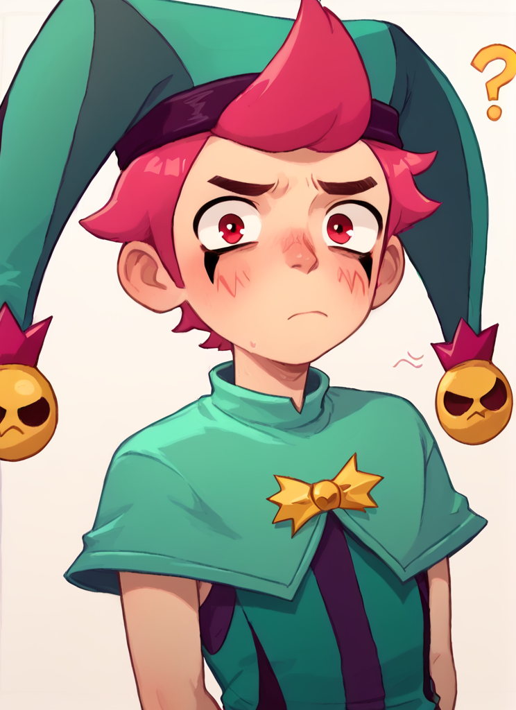 score_9, score_8_up, score_7_up, <lora:bschester:1> 1boy, bschester , pink hair, red eyes , jester cap,  green headwear  ,green jumpsuit,  capelet,  ,solo  , blush,  confused,  ???  ,arms behind back,  looking at viewer,  closed mouth   <lora:PossumMachine:1>posmach