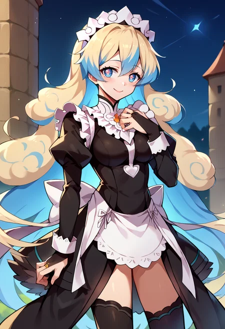 score_9, score_7_up, source_anime, BREAK smile, <lora:NiaS2-000009:1> nias2, 1girl, blue eyes,symbol-shaped pupils, very long hair, blonde hair, blue hair, two-tone hair, medium breasts,
<lora:fatesmaid-fe-richy-v1_pdxl:0.8> fates maid, maid headdress, maid apron, bridal gauntlets, black thighhighs,