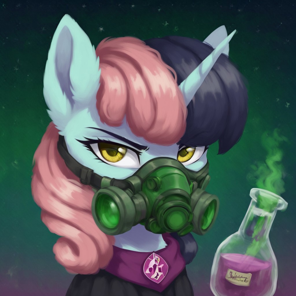 masterpiece, score_9, score_8_up, score_7_up, (best quality:1.1), ultra-detailed, high resolution, 1character, solo, Shinespark, pony, unicorn, feral, female, mare, (((beautiful detailed yellow eyes))), squinty eyes, eyelashes, eyebrows, fluffy pony ears, horn, light lavender skin, two toned mane, pastel pink mane, dark purple mane, black cloak, chemical, gas mask, green chemical vapor, highly Visible, portrait, emblem on the neck, sharp focus, perfect lighting, shadow, anatomically correct, extremely detailed, high detail, serious face, expressiveh, starry sky background