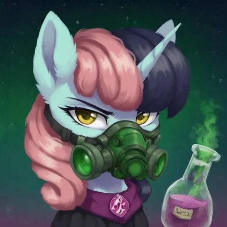 masterpiece, score_9, score_8_up, score_7_up, (best quality:1.1), ultra-detailed, high resolution, 1character, solo, Shinespark, pony, unicorn, feral, female, mare, (((beautiful detailed yellow eyes))), squinty eyes, eyelashes, eyebrows, fluffy pony ears, horn, light lavender skin, two toned mane, pastel pink mane, dark purple mane, black cloak, chemical, gas mask, green chemical vapor, highly Visible, portrait, emblem on the neck, sharp focus, perfect lighting, shadow, anatomically correct, extremely detailed, high detail, serious face, expressiveh, starry sky background