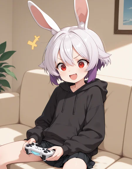 masterpiece, best quality, amazing quality, safe, 1girl, solo, usami-chan, holding game controller, open mouth, smile, v-shaped eyebrows, sitting on couch, black hoodie, black miniskirt, dynamic pose <lora:Usami-chan_V27-000005:1>