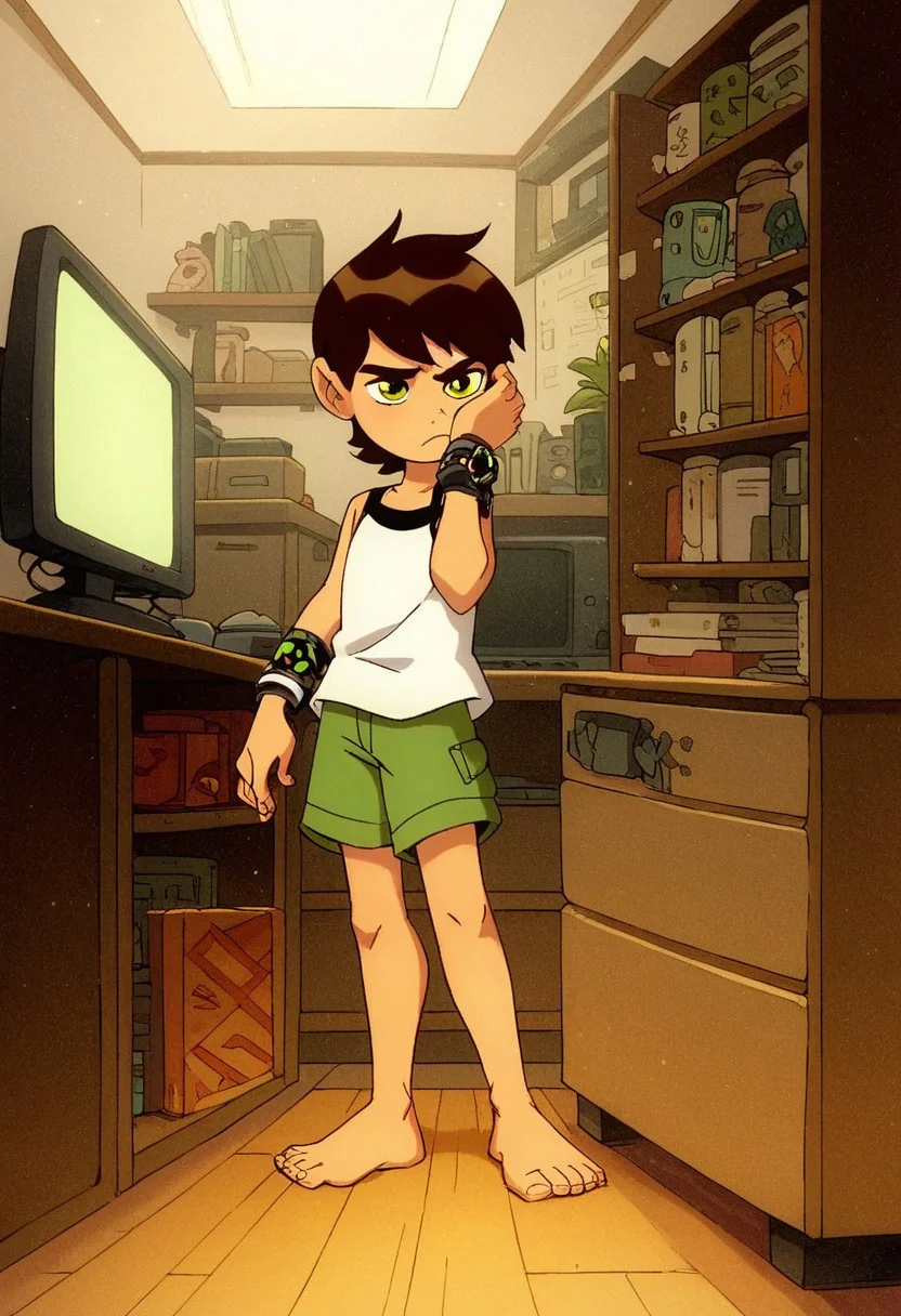 score_9, score_8_up, score_7_up, score_6_up, score_5_up, score_4_up, cute boy , standing, ((solo)), brown hair, green eyes, bracelet, sleepy ,
wear pijamas, tiny shorts , Tank top shirt , bare foot , messy bedroom , tv , games , windows , sun.