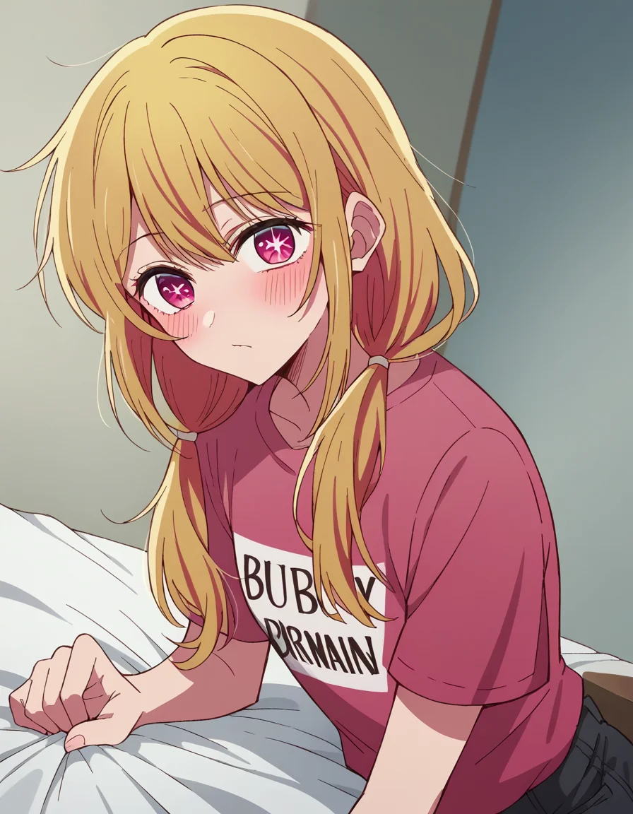 score_9, score_8_up, score_7_up, source_anime,
rubyhoshino, <lora:ruby-hoshino-s1-ponyxl-lora-nochekaiser:1>,
ruby hoshino, long hair, bangs, blonde hair, pink eyes, sidelocks, symbol-shaped pupils, multicolored hair, two-tone hair,
shirt, twintails, pants, low twintails, t-shirt, clothes writing, pink shirt,
indoors, bed, bed room, on side, blush, drunk,
looking at viewer, cowboy shot, dutch angle, solo,