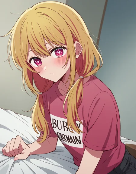 score_9, score_8_up, score_7_up, source_anime,
rubyhoshino, <lora:ruby-hoshino-s1-ponyxl-lora-nochekaiser:1>,
ruby hoshino, long hair, bangs, blonde hair, pink eyes, sidelocks, symbol-shaped pupils, multicolored hair, two-tone hair,
shirt, twintails, pants, low twintails, t-shirt, clothes writing, pink shirt,
indoors, bed, bed room, on side, blush, drunk,
looking at viewer, cowboy shot, dutch angle, solo,