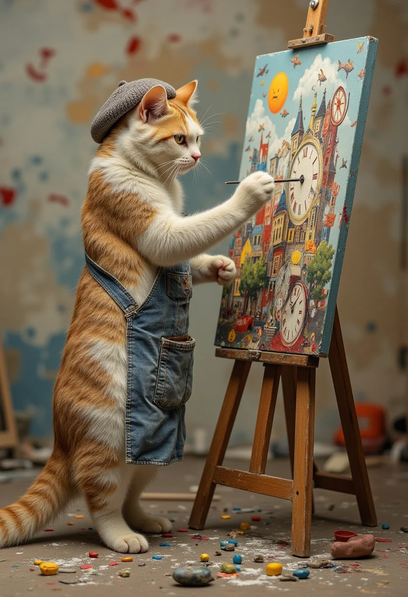 "A notoriously grumpy-looking cat wears a beret and an oversized smock, standing on its hind legs to paint a surreal masterpiece on an enormous canvas. The painting itself is bizarre, featuring melting clocks, floating fish, and a giant mouse-shaped sun. Captured in soft studio lighting with subtle oil-paint texture overlays, the cat’s sour expression contrasts humorously with the vibrant chaos of its artistic creation."