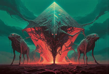 Imagine a post-apocalyptic landscape where four colossal mechanical creatures carry a glowing, radiant pyramid in perfect unison. Their intricate designs shimmer with translucent metallic textures, glowing red eyes piercing through a haze of dust and wind. The vibrant acid colors of their bodies and the pyramid create a stark color contrast, illuminating the desolate world around them. Captured from a high angle and close-up, the scene emphasizes detailed reflections and dynamic motion, blending the dramatic tension of sci-fi machinery with the mystical allure of fantasy in a vibrant and disturbing composition.light beams,radiation,desolation,fog,eerie atmosphere,horror theme,hard scifi,surreal,epic,dramatic
best quality,masterpiece, detailed, UHD, lots of fine detail,award-winning,vibrant,deep rich color,disturbing,unusual,hdr,infrared,cyan,dark green,
 high resolution,
H.R. Giger
Jakub Rozalski
Denis Villeneuve
Frank Frazetta
Luis royo
Simon Stalenhag