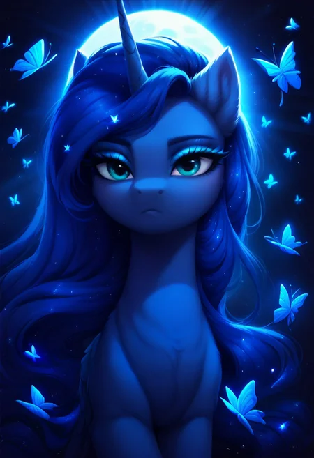 score_9, score_8_up, score_7_up, score_6_up, score_5_up, score_4_up, my little pony, ((feral pony)), (GODDESS LUNA), 1girl, ((solo)), (sexy), (beautifully detailed long dark blue starry hair:1.5), (blue starry hair:1.5), (turquoise eyes:1.0), (detailed long eyelashes), (detailed dark blue fur), (dark blue blush), detailed shiny hooves, ((expressionless:1.5)), ((dark blue starry background:1.5)), (full moon), (blue crepuscular rays:1.5), (floating hair), (beautiful eyelashes), (blue butterflies:1.5), (blue rose all around), blue butterflies everywhere,