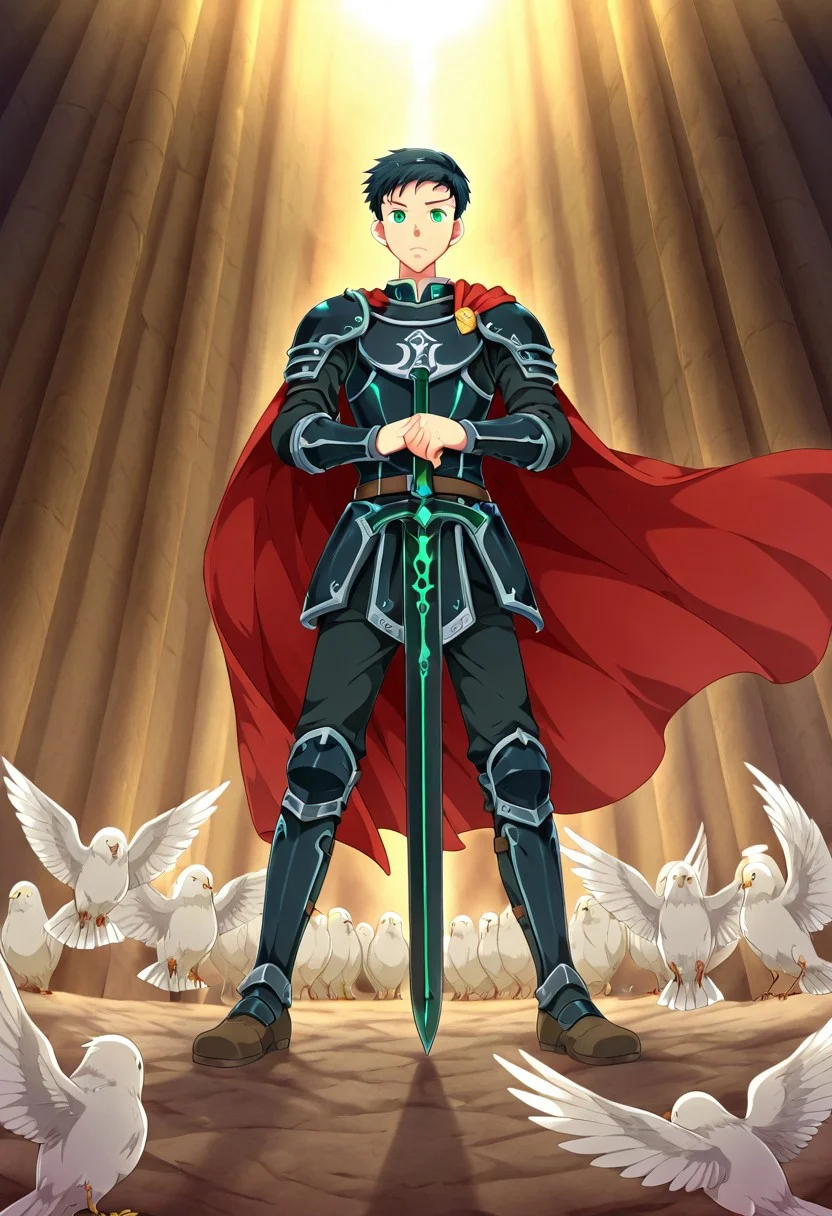 yuto_umemura, black hair, short hair, mint green eyes, he is dressed in a suit of blue iron platemail. Break. he is holding up a black coloured sword, Properly holding the sword by the hilt, his armour bears a crest of a yellow dove, fantasy armour, stylized silver dove emblems and symbols on armour and sheild, Break, epic background is a a beautiful palace, a strong wind is blowing his cape, dark blue armour