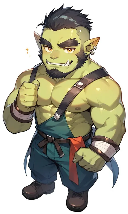 masterpiece, 1boy, solo, sd_male, sd_male, chibi, (orc, fang out, green skin, fang:1.2), muscular male, bara, thick eyebrows, beard, full body <lora:SDmale_V1b:1.0>, score_9_up, score_8_up, score_7_up, score_6_up, score_5_up, score_4_up,