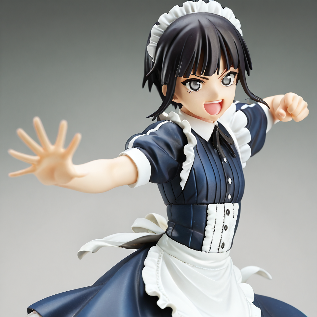score_9, score_8_up, score_7_up, score_6_up, score_5_up, score_4_up, source_anime,  Kuon, short hair, black hair, maid, black eyes,  action pose, happy