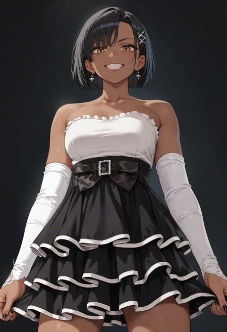 score_9,score_8_up,score_7_up,score_6_up,masterpiece,best quality,amazing quality,very aesthetic,high resolution,ultra-detailed,absurdres,dark background,from below,1girl,staging lightsstanding,looking_at_viewer,evil grin,dark skin,very dark skin,black hair,medium breasts,high-waist skirt,frilled skirt,pleated skirt,white trim,black skirt,bare shoulders,white top,strapless dress,detached sleeves,elbow gloves,white gloves,black bow,<lora:MyTrainings\Temp\White_Top_Black_Frilled_Skirt_Pony_Pony_ARZUMATA\White_Top_Black_Frilled_Skirt_Pony_Pony_ARZUMATA.safetensors:0.7>