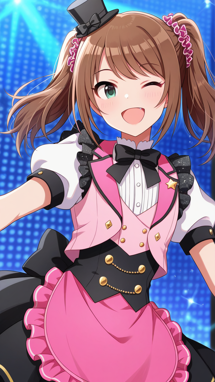 solo, wink, smile, open mouth, cute, hat, hat bow, mini top hat, apron, idol, starting brighty (idolmaster), black dress, pink vest, puffy short sleeves, pink vest, white shirt, black bow, black bowtie, black ribbon,, masterpiece, best quality, amazing quality, very aesthetic, absurdres, newest, anime screencap, <lora:sakimizushimaILM:1>, mizushima saki, otoko no ko, brown hair, green eyes, twintails, long hair, hair ornament, sidelocks, pink scrunchie, swept bangs,