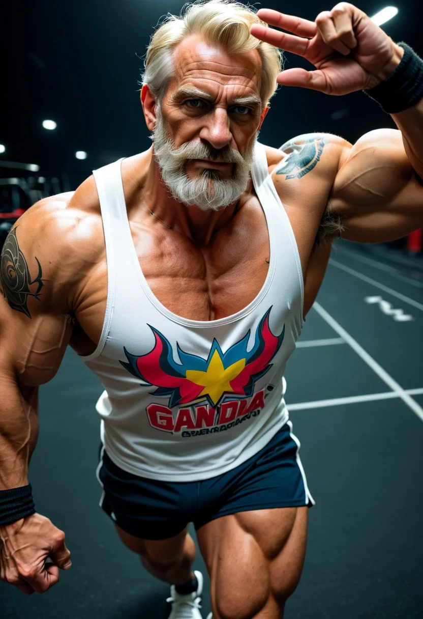 score_9, score_8_up, score_7_up, score_6_up, dark background, nighttime, night, dark lowlight photography,
working out in the gym, training center,
realistic, old male, pov from side, old granddad, thin, tall, tanned skin, colorful tattoos, heavy metal rock tattoos, strong tan, wearing blue long cargoshorts, 3/4 cargoshorts, skater, sweatbands, loose white muscleshirt, v-neck sleeveless tshirt, hairy armpits, old granddad, wrinkles, short blonde hair, blonde beard, german grandpa, thin waist, strong big arms,
walking towards viewer, slow walk,
closeup seen from above, closeup, pov above, portrait,