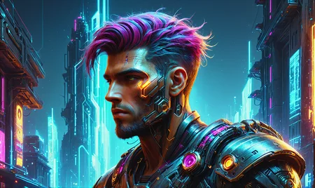 Beautiful detailed digital portrait of a <lora:RomanPunkAI:0.7> romanpunkai, old, scifi cyberpunk cyborg at a Dystopian cityscape with decaying infrastructure, <lora:xl_more_art-full_v1:0.4>, <lora:Rainbow_Style:0.6>, Cinematic lighting,  <lora:EnvyCharacterPortraitHelperXL01:0.7> solo character portrait, dark background
