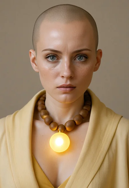 (score_10, score_9_up, score_9, score_8_up, hyperrealism, masterpiece, highly detailed, 8K:1.4), 
BREAK 
1girl, solo, monk, sacred_collar, bald, bright eyes, big eyes, yellow clothes, yellow cape, priestly clothes, thick lips, parted lips, freckles, upper body, looking at viewer,