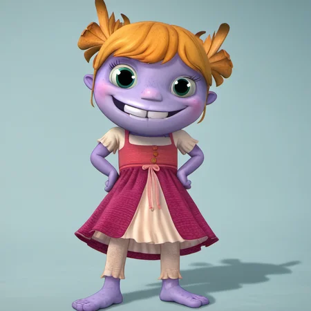 solo, 1girl, ginag1, freckles, blonde hair, smile, full body, barefoot, looking at viewer, colored skin, dress, purple skin, hand on hip, buck teeth, <lora:ginag1:1>,