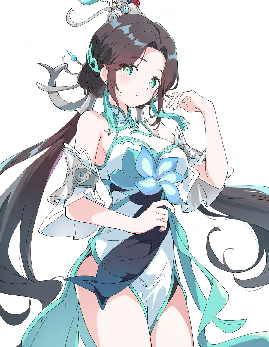 baiheliang,1girl,solo,looking at viewer,simple background,white background,cowboy shot,<lora:baiheliang-000012:1>,, masterpiece, best quality, very aesthetic, absurdres,newest, incredibly absurdres,, (Ixy:0.6)),(hiten \(hitenkei\):0.7),