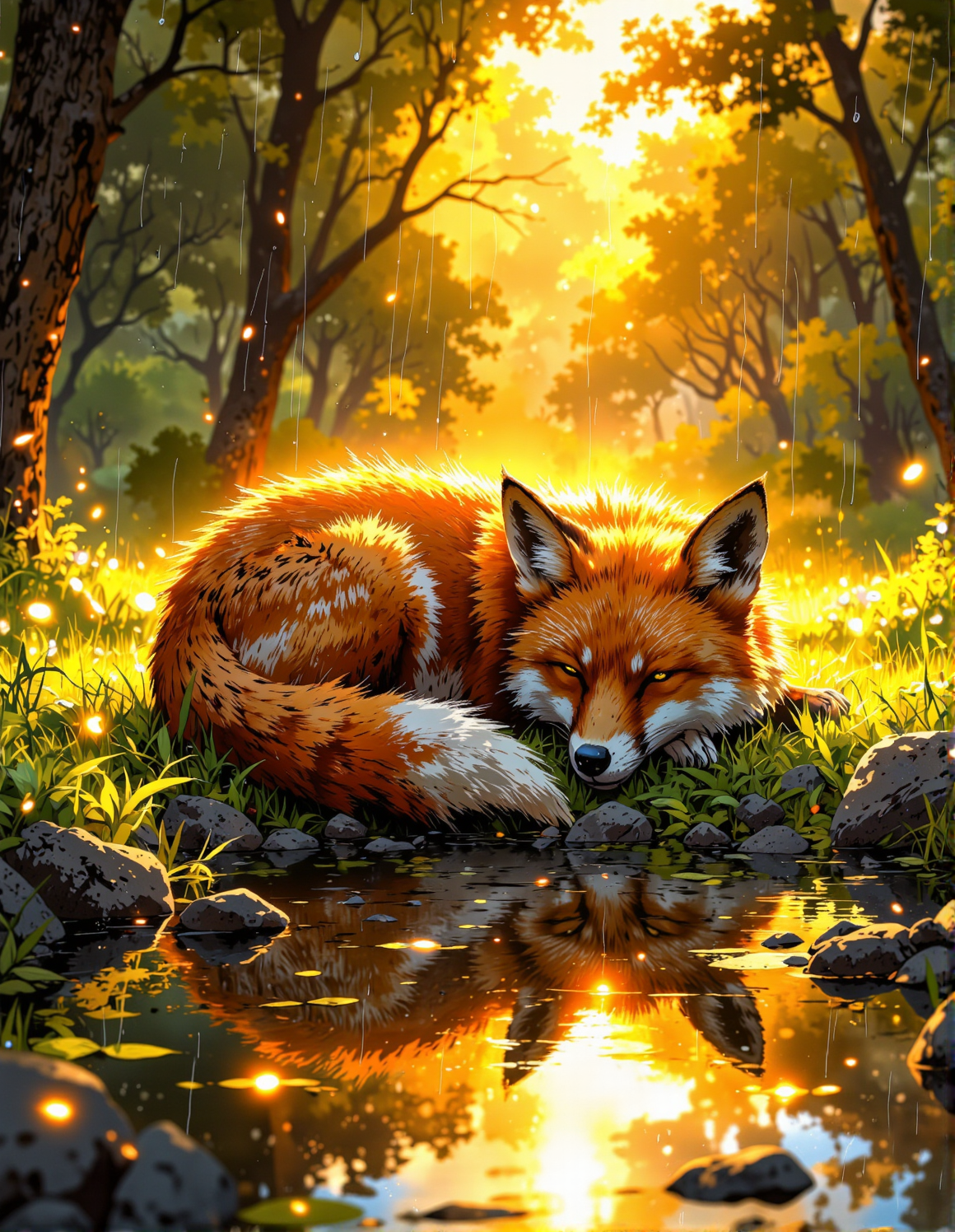serene anime-style digital painting bathed in golden light. Picture a sleeping fox with orange and white fur curled up in a grassy area during a gentle rain.  The fox is positioned close to the ground, with its head resting on its paws. Raindrops are falling and creating ripples in a puddle of water in the foreground, which reflects the bright golden light from above. The background is blurred and suggests a natural outdoor setting. The overall mood is peaceful and cozy despite the rain, emphasized by the warm lighting and the fox's relaxed posture, <lora:Cozy_Paradise:0.8>, <lora:Vibrantly_sharp_style_v.2:0.8>, <lora:anhei_first_flux_lora_v1:0.4>, <lora:FluxMythP0rtr4itStyle:0.6>