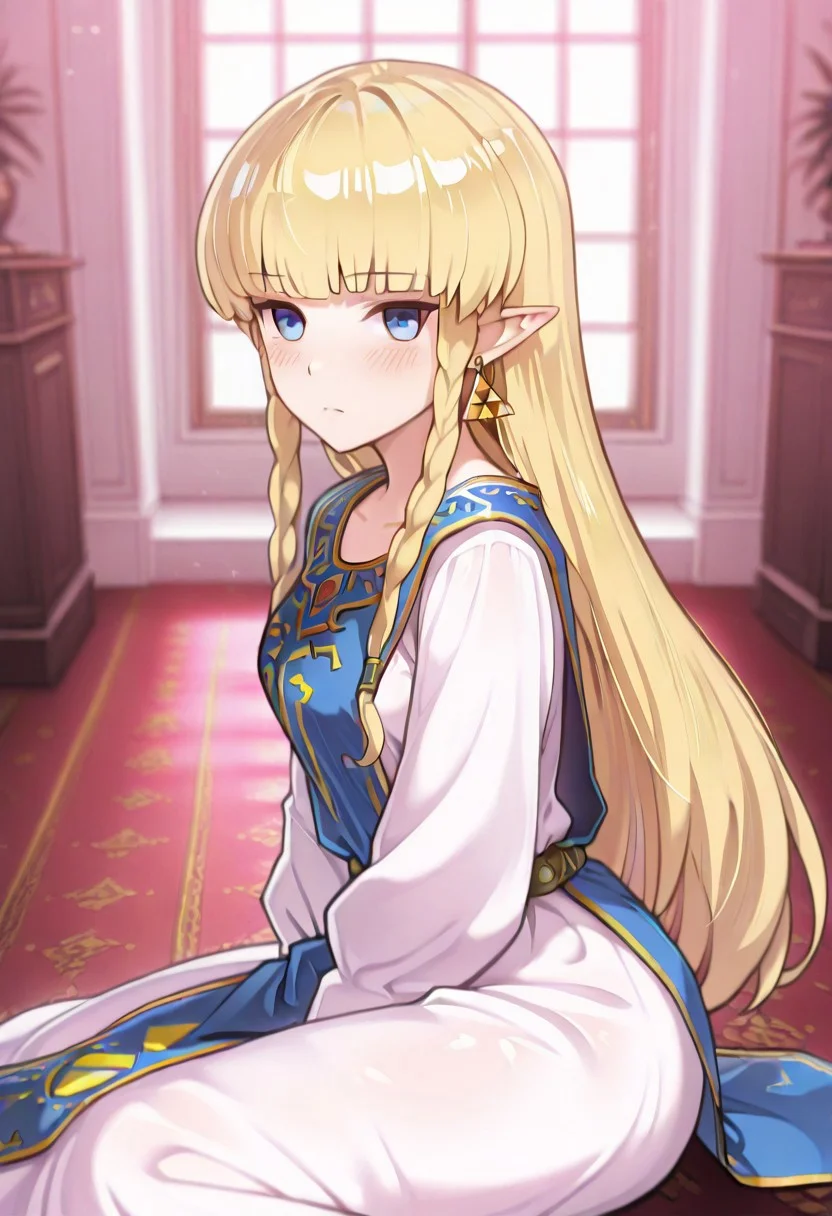 masterpiece, best quality, amazing quality, very aesthetic, 1girl, (depth of field), indoors, mansion,, furukawayui, blue eyes, blonde hair, long hair, twin braids, pointy ears, dress, blue tabard, triforce, earrings, beautiful, kawaii, blush, expressionless, sitting, on floor, looking at viewer, from side