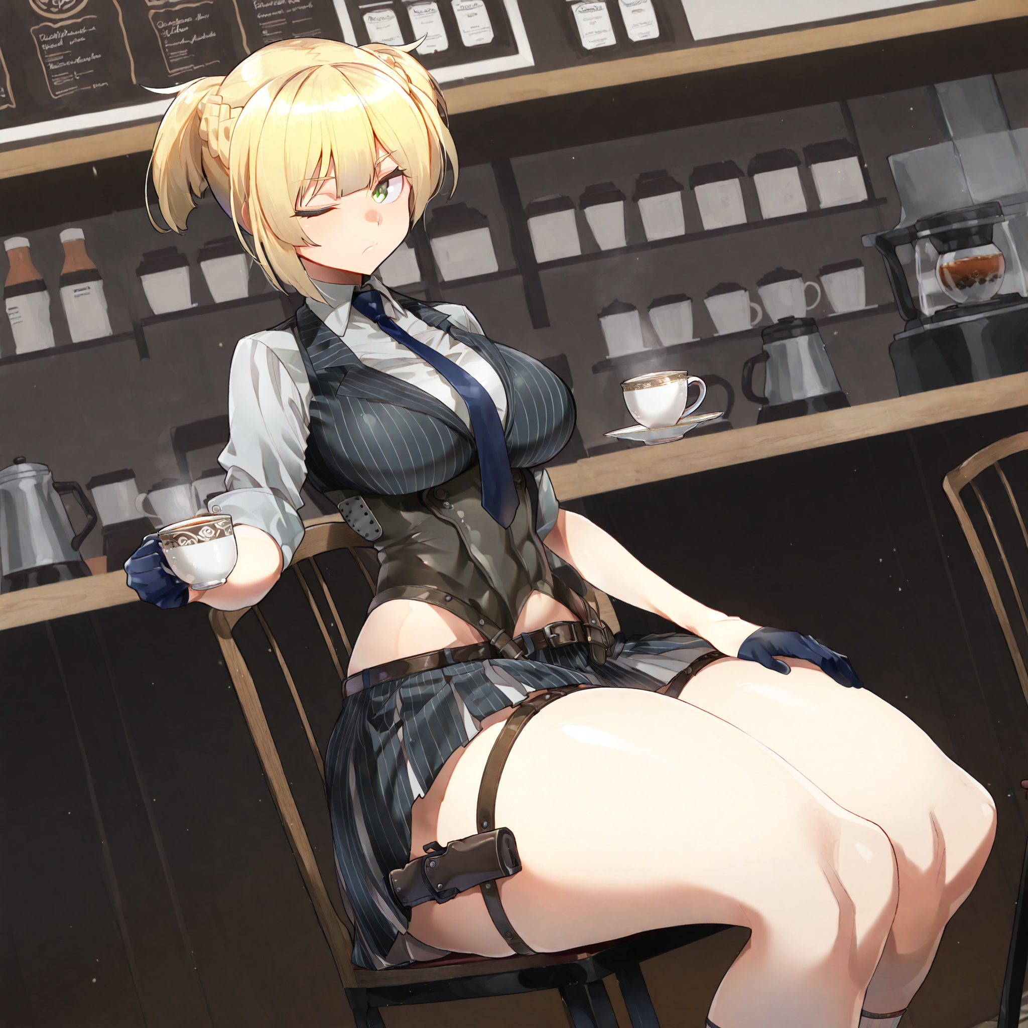 (masterpiece), best quality, (highly detailed), 1female, solo, <lora:Umigarasu_style_Illustrious:0.8>, <lora:Welrod:0.7> , Welrod, welbase, necktie, corset, skirt, pinstripe pattern, gloves, thigh holsters, cafe, sitting, chair, holding tea cup, thick thighs, one eye closed, hand on lap,