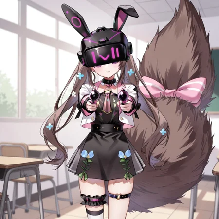 highres, masterpiece, best quality, very aesthetic, absurdres, (1girl),1boy, chigusa hana, virtual youtuber, long hair, brown hair, twintails, animal ears, , hair ornament, cropped jacket, long sleeves, white jacket, collar, flower, black dress, pleated skirt, large tail, bridal garter, striped, single thighhigh, asymmetrical legwear, tail bow, empty eyes, expressionless, school, classroom, looking at viewer, resisting, zzkovisor,hypnotic visor, helmet, rabbit ears, :), ray gun, aiming_at_viewer, (hypnotic_beam), (hypnotic_accessory)(nagu,:0.8),