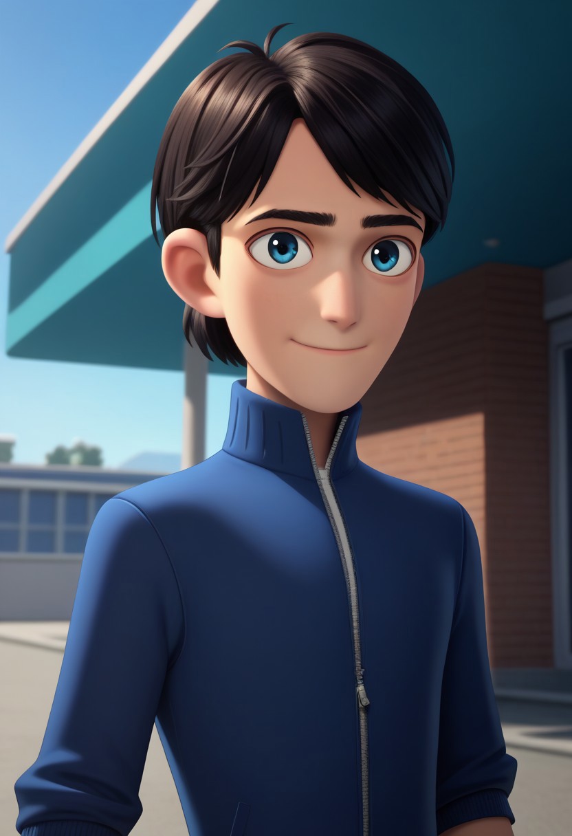 score_9, score_7_up, 
jimth, 1boy, male focus, solo, blue eyes, black hair, short hair, jacket, blue jacket, rolled up sleeves, zipper, light smile,
outdoor, sky,