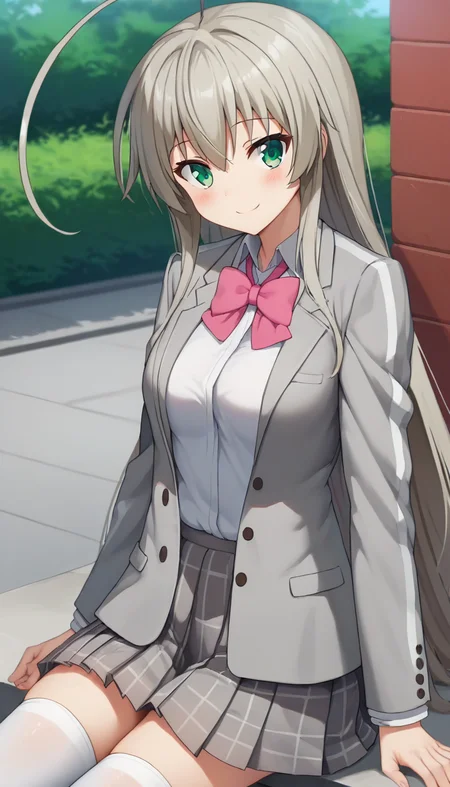 score_9,score_8_up,masterpiece,best quality,correct anatomy,anime_source,1girl,solo,perfect eyes,perfect arms,perfect legs,perfect face,outdoors,upper body,(portrait:1.5),looking at viewer,facing viewer,smile,blush,Nyaruko,huge ahoge,very long hair,grey hair,sidelocks,hair between eyes,bangs,green eyes,school uniform,grey jacket,Blazer,pink bowtie,white shirt,collared shirt,long sleeves,medium breasts,grey skirt,miniskirt,pleated skirt,plaid skirt,thighs,zettai ryouiki,white thighhighs,loafers,brown footwear,<lora:Nyaruko(hns)-Pony:1.6>,