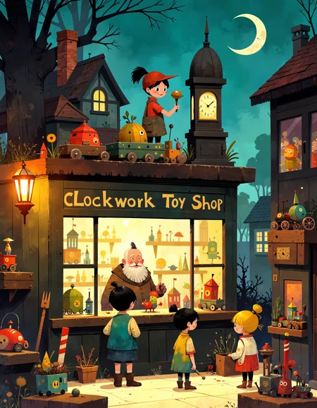 Create a whimsical, storybook-style illustration of a magical clockwork toy shop, where wind-up toys come to life and dance on the shelves. The shop is filled with colorful toys—tin soldiers, spinning tops, and wooden trains—all moving and playing together. A group of children peeks through the window, their faces filled with wonder as they watch the toys come to life. The shopkeeper, a kind old man with a long beard and a pocket watch, smiles warmly from behind the counter. The atmosphere is magical, playful, and full of wonder, with a focus on the textures of the toys, the glow of the lanterns, and the vibrant colors of the shop.
ppstorybook