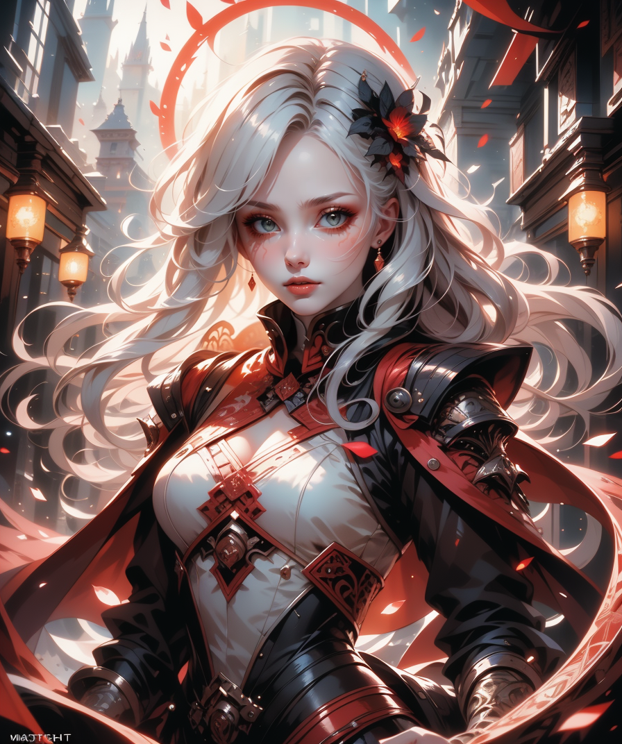 (masterpiece), (best quality), (vibrant light colors), intricate pattern, <lora:AnzhcDreamwave v3_1 watermark fix:0.5> anzhcdreamwave, aesthetic, canvas with red paint, 1girl, white hair, pale, creativity, white dress, hair ornament, dreamlike, (blurry background:1.1)