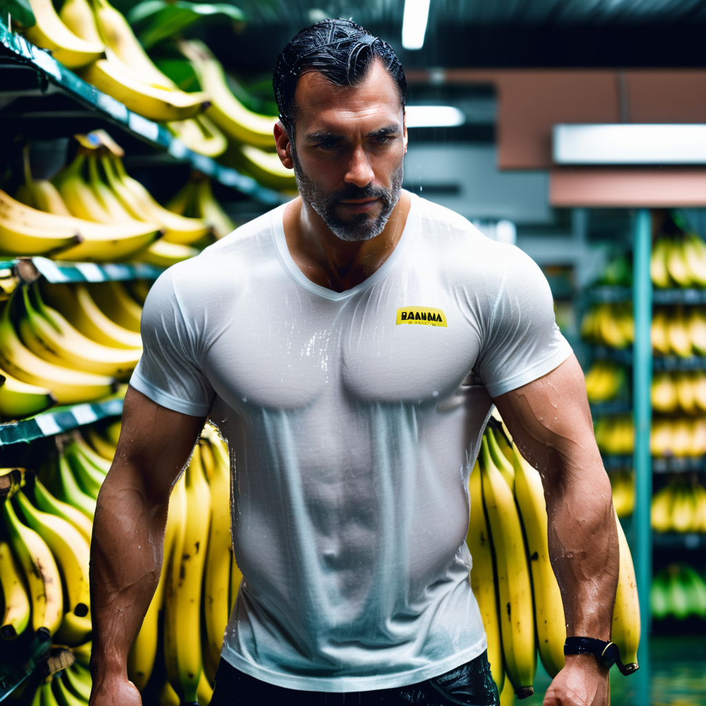 a a man standing in a banana store, w3t, wet tshirt, best quality, cinematic <lora:w3t_SDXL:0.8>