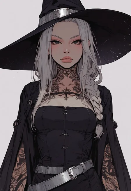 score_9, score_8_up, score_7_up, high detailed, high quality, masterpiece, no text, quality highlights, 8k detail, detailed background, source_anime, dynamic view, hentai, ultra-detailed,
...
1girl, solo, female focus, expressiveh,
(white hair), (long braid hair), ((white skin)),
black eyes, ((black tattoos)), seductive, gorgeous, collarbone,
(perfect slender body), thick lips, (small breasts), (incredibly sexy),
...
((big black witch hat)), ((black short dress)), ((silver belt)),
closed mouth, posing,
((standing)), front view, cowboy shot,
eyes wide, looking at viewer,
...
((white flat background))