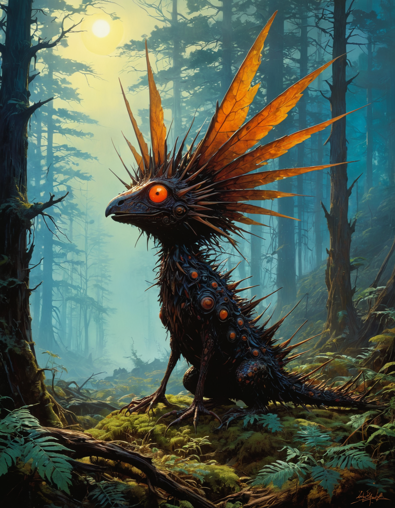 hyper detailed,  feminine, advanced, solar, tribal, by Ed Mell and by Hanna-Barbera, famous artwork inspired by (anato finnstark:1.4) and (caspar david friedrich:1.3) and (william turner:1.2) and (john constable:1.1), fractal art, fantasy style, dynamic angle, the worryingly (beautiful:1.8) "spiny hobsnuffler" is a small highly poisonous life form with (brightly colored intricate wings:1.2), they inhabit the enchanted shmutzified glades of the lush forests of planet  "zofflebob iv" hunting the air for the softly (glowing spores:1.1) of the bogscrubbled zibberzoomtree, dark, shadows, black, shadow hues, highly artistic, highly painterly, harmonic colors, expressive, ultimate aesthetic level, visible brushstrokes, masterclass artistry, vibrant energy, apocalyptic mood, atmospheric haze and dense fog, strong winds,  highly aesthetic, otherworldly, limited palette,  faded colors, washed out colors, extremely dark, extremely low key lighting, dark shadows, perfect composition, full panoramic shot